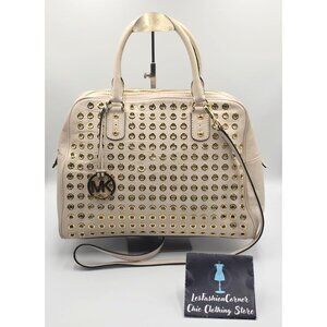 Michael Kors Women's Ecru Leather Gold Studded Grommet Satchel Bag Size L 2420